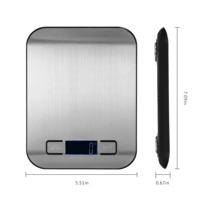 Top and side view of a digital kitchen scale with a stainless steel surface, displaying dimensions of 5.51 inches in width, 0.67 inches in thickness, and 7.09 inches in height.