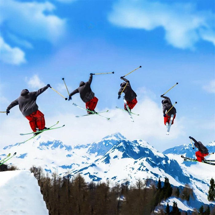 A sequence of images showing a skier performing a jump trick against a snowy mountain backdrop, captured by an action camera.