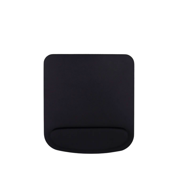 A black ergonomic mouse pad with wrist rest, displayed on a white background.