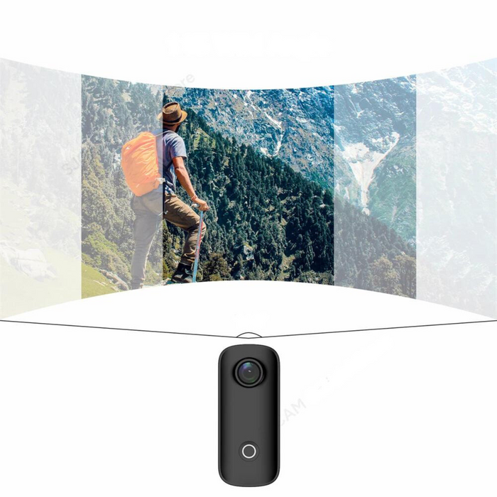 A panoramic image showcasing a hiker with an orange backpack on a scenic mountain trail, taken by a compact action camera.