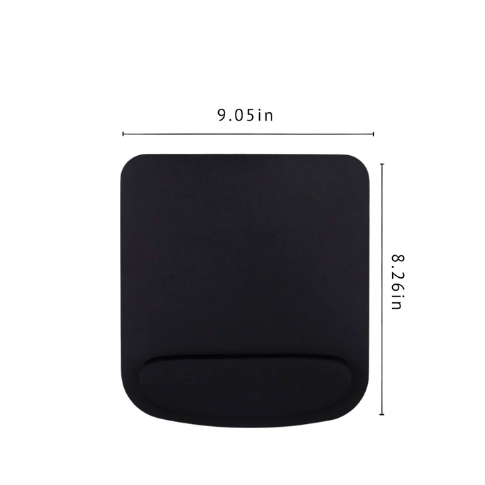 A black ergonomic mouse pad with wrist rest, showing dimensions of 9.05 inches in width and 8.26 inches in height, displayed on a white background.