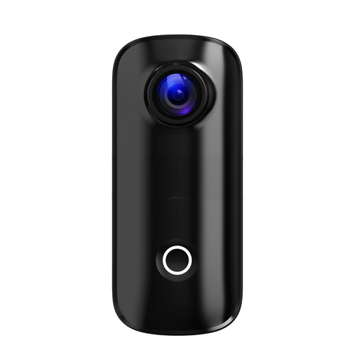 A close-up of a black compact action camera with a lens and a single button.