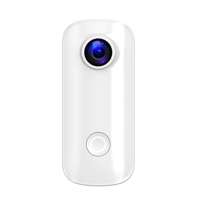 A close-up of a white compact action camera with a lens and a single button.