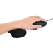 A hand using a black mouse with a black mouse wrist rest, displayed on a white background.