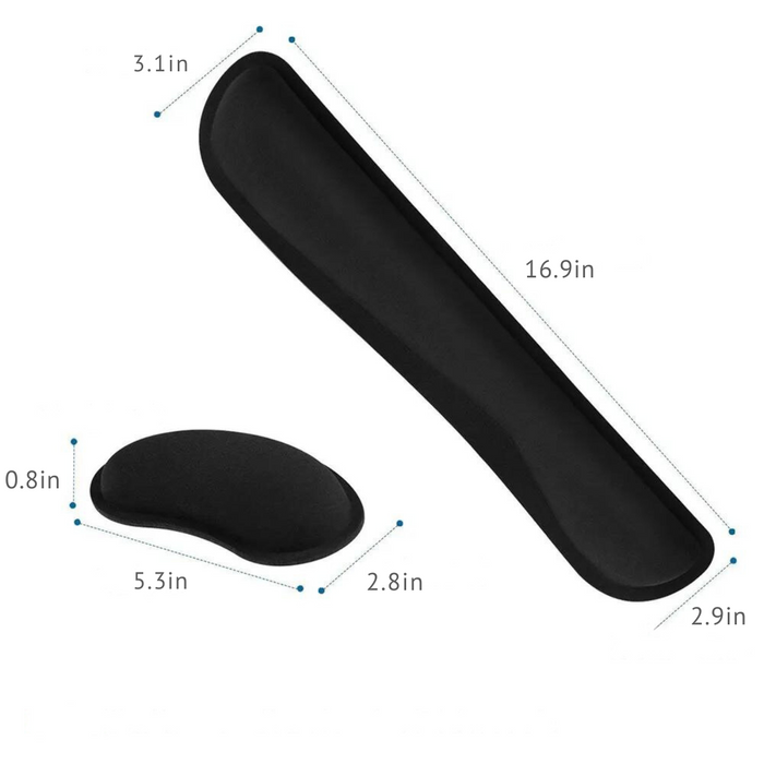 A black keyboard wrist rest and a black mouse wrist rest, with dimensions labeled as 16.9 inches in length, 3.1 inches in width, and 2.9 inches in width of the other part for the keyboard wrist rest, and 5.3 inches in length, 2.8 inches in width, and 0.8 inches in height for the mouse wrist rest, displayed on a white background.