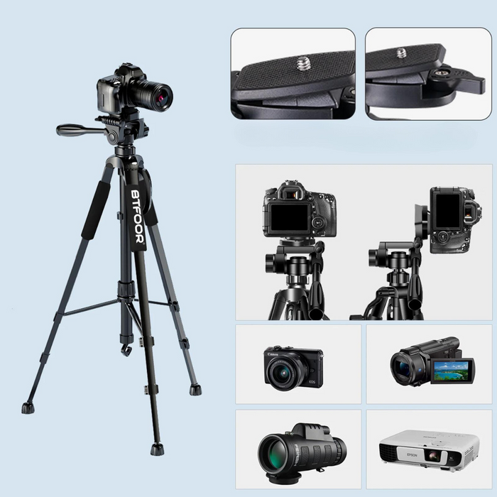 Collage of different devices compatible with the tripod, including a smartphone, camera, and projector.