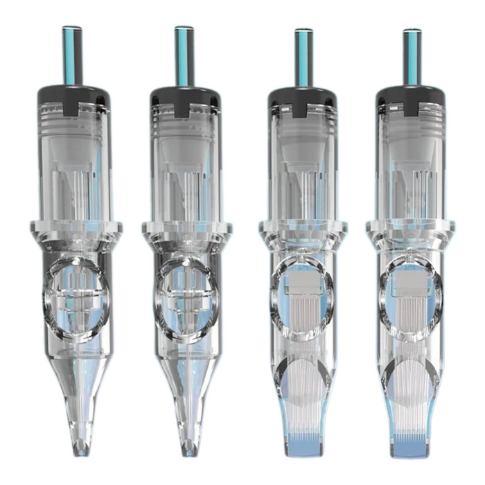 A row of four tattoo needle cartridges, each with a clear housing and different needle configurations, designed for various tattooing techniques.