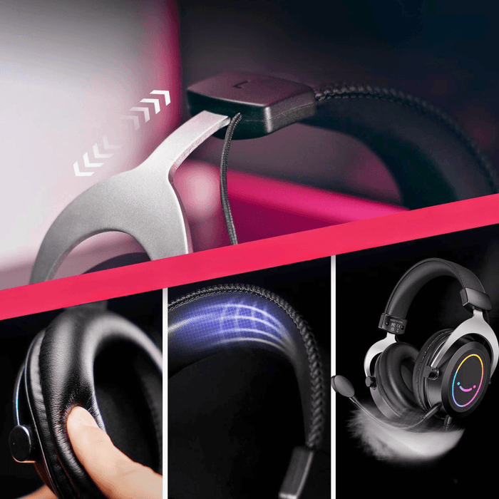 A collage showing different aspects of a black gaming headset. The top image highlights the adjustable headband. The bottom three images display the soft ear cushions, flexible headband with RGB lighting, and the entire headset with a microphone, emphasizing comfort and durability.