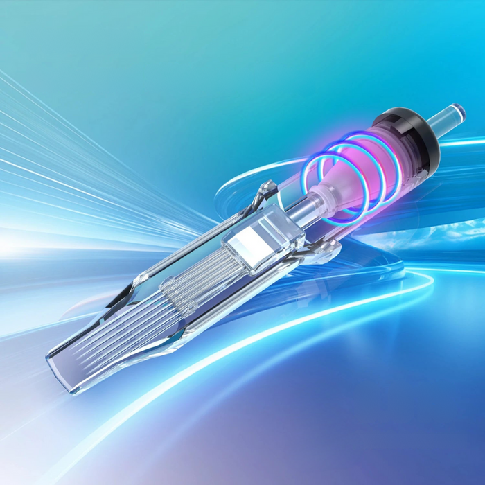 A tattoo needle cartridge with a dynamic LED light effect, highlighting the internal components and showcasing a transparent design.