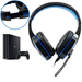 Black and blue gaming headset shown alongside a PlayStation 4 console and controller. A close-up inset highlights the adjustable headband mechanism. Display on white background.