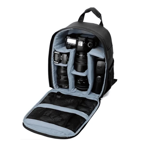 Open camera backpack with a gray interior, showing compartments for a camera, lenses, and accessories.