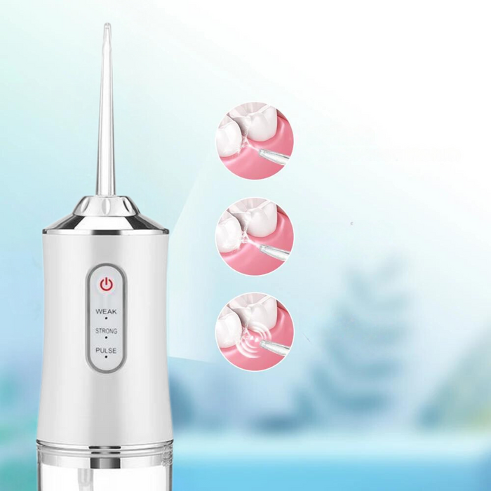 A water flosser device with three inset images demonstrating its use on teeth and gums.