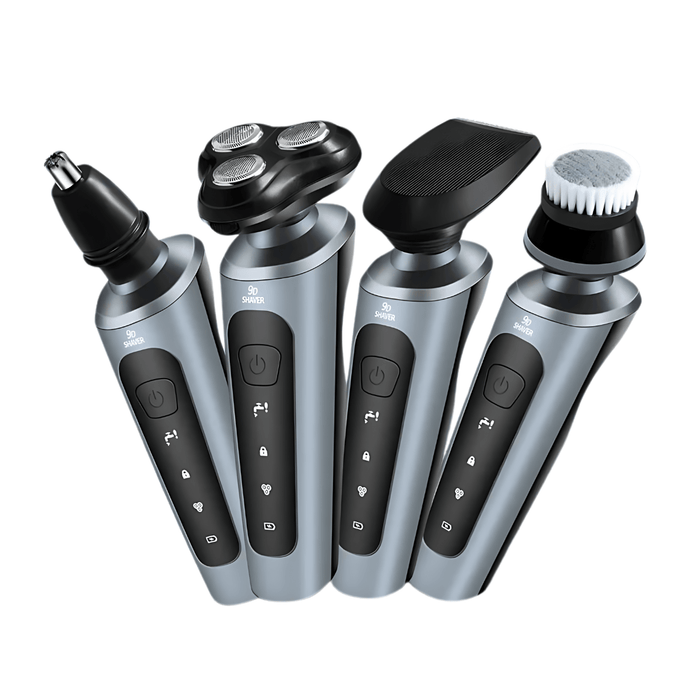 The blue electric shaver set is shown with various attachments, including a nose trimmer, precision trimmer, and a cleaning brush. 