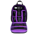 Open camera backpack with a purple interior, showing compartments for a camera, lenses, and accessories.