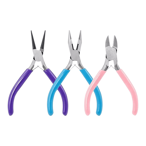 Display of three jewelry pliers with colored handles – round-nose pliers (purple), chain-nose pliers (blue), and diagonal cutters (pink).