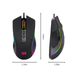 A black gaming mouse with RGB lighting. The dimensions are provided: 5.04 inches in length, 2.56 inches in width, and 1.38 inches in height. The mouse features a scroll wheel and multiple buttons.