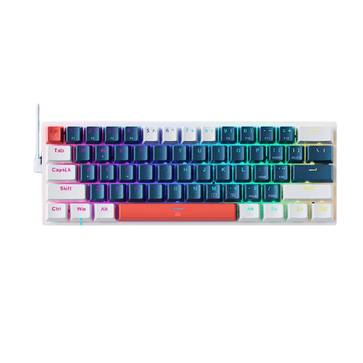 A compact RGB mechanical keyboard with a colorful, illuminated design. The keyboard features a mix of keycap colors, including shades of blue, white, and red, creating a vibrant and visually appealing layout. The RGB lighting is visible through the keycaps, enhancing the overall aesthetic. Display on white background.