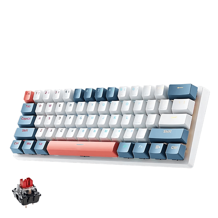 keyboard with a red switch highlighted next to it. This reinforces the customizable switch options available for the keyboard, with colorful keycap design of red, white, and blue and RGB lighting. Display in white background.