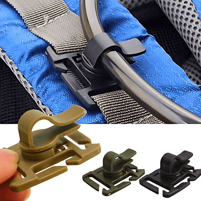 Clip for hydration tube, designed to securely attach the tube to backpack straps, shown in various colors including beige, green, and black.