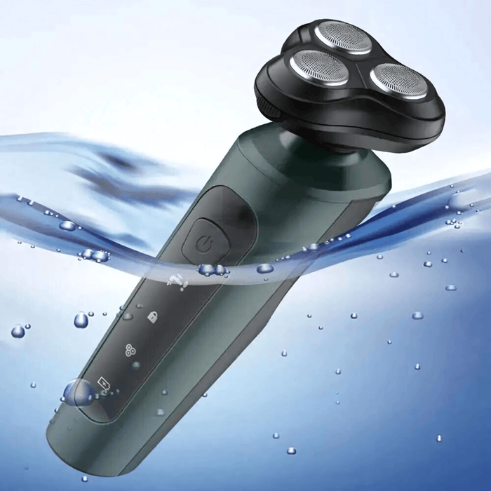 A waterproof electric shaver is shown partially submerged in water, demonstrating its waterproof capability. The shaver features a sleek, ergonomic design with multiple control icons on its handle.