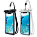 Two waterproof phone cases, one in black and the other in white. Both cases are designed to be water-resistant and feature a clear, touchscreen-friendly front display. The displayed imagery within the cases shows an underwater scene with dolphins, showcasing the cases' utility for taking pictures or videos underwater. Each case is sealed at the top with a robust locking mechanism, ensuring the phone inside stays dry and protected during water-related activities.