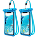 Two blue waterproof phone cases. Both cases are designed to be water-resistant and feature a clear, touchscreen-friendly front display. The displayed imagery within the cases shows an underwater scene with dolphins, showcasing the cases' utility for taking pictures or videos underwater. Each case is sealed at the top with a robust locking mechanism, ensuring the phone inside stays dry and protected during water-related activities.