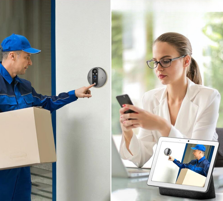 A delivery person using a video doorbell, viewed by a woman on her smartphone.