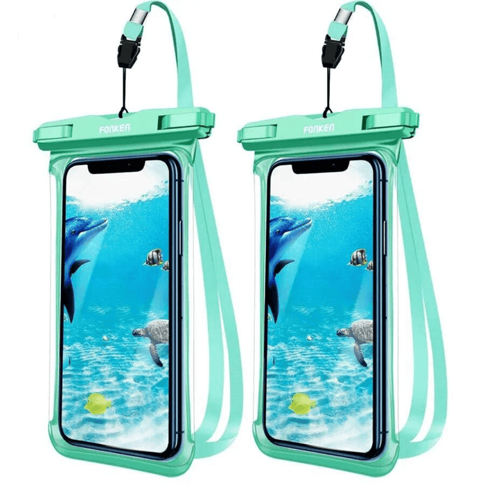 Two green waterproof phone cases. Both cases are designed to be water-resistant and feature a clear, touchscreen-friendly front display. The displayed imagery within the cases shows an underwater scene with dolphins, showcasing the cases' utility for taking pictures or videos underwater. Each case is sealed at the top with a robust locking mechanism, ensuring the phone inside stays dry and protected during water-related activities.