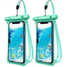 Two green waterproof phone cases. Both cases are designed to be water-resistant and feature a clear, touchscreen-friendly front display. The displayed imagery within the cases shows an underwater scene with dolphins, showcasing the cases' utility for taking pictures or videos underwater. Each case is sealed at the top with a robust locking mechanism, ensuring the phone inside stays dry and protected during water-related activities.