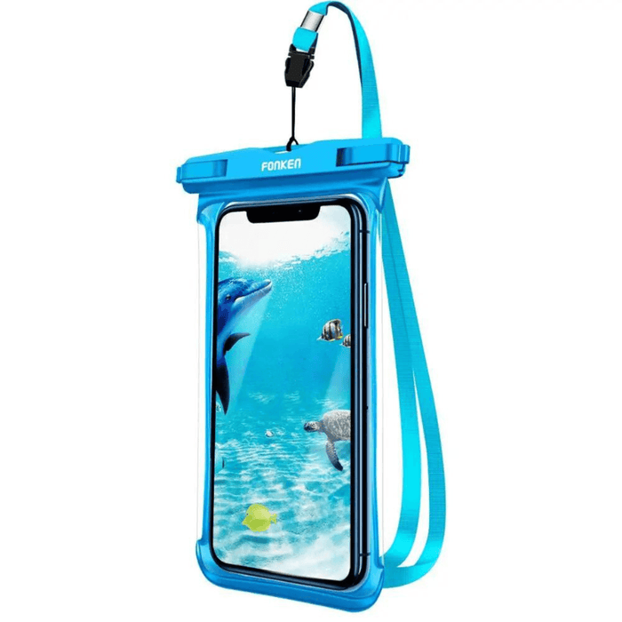 A blue waterproof phone case with a transparent front displaying an image of a dolphin underwater. This case features a durable and sealable top with a lanyard for easy carrying.