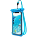 A blue waterproof phone case with a transparent front displaying an image of a dolphin underwater. This case features a durable and sealable top with a lanyard for easy carrying.