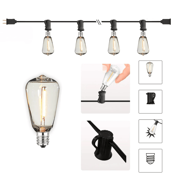 setup of a string of vintage-style Edison light bulbs with a focus on installation details, such as the attachment mechanism and bulb type.