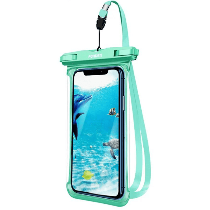 A green waterproof phone case with a transparent front displaying an image of a dolphin underwater. This case features a durable and sealable top with a lanyard for easy carrying.