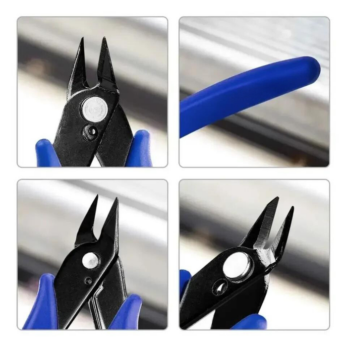 Four close-up images showing different angles and parts of the wire cutter.