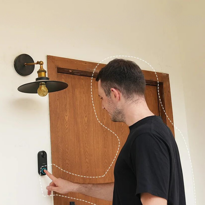 A man pressing a Reolink doorbell outside a door.