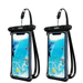 Two black waterproof phone cases. Both cases are designed to be water-resistant and feature a clear, touchscreen-friendly front display. The displayed imagery within the cases shows an underwater scene with dolphins, showcasing the cases' utility for taking pictures or videos underwater. Each case is sealed at the top with a robust locking mechanism, ensuring the phone inside stays dry and protected during water-related activities.