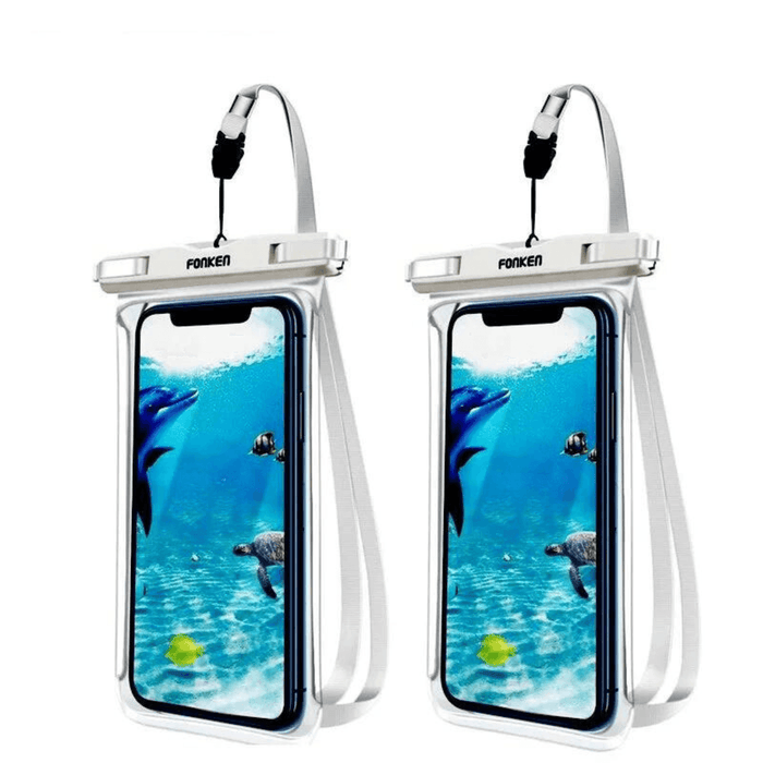 Two white waterproof phone cases. Both cases are designed to be water-resistant and feature a clear, touchscreen-friendly front display. The displayed imagery within the cases shows an underwater scene with dolphins, showcasing the cases' utility for taking pictures or videos underwater. Each case is sealed at the top with a robust locking mechanism, ensuring the phone inside stays dry and protected during water-related activities.