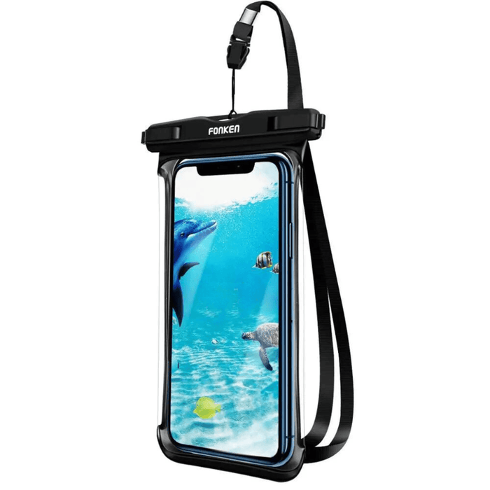 A black waterproof phone case with a transparent front displaying an image of a dolphin underwater. This case features a durable and sealable top with a lanyard for easy carrying.