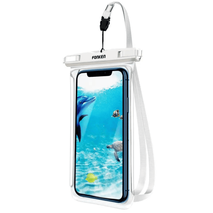 A white waterproof phone case with a transparent front displaying an image of a dolphin underwater. This case features a durable and sealable top with a lanyard for easy carrying.