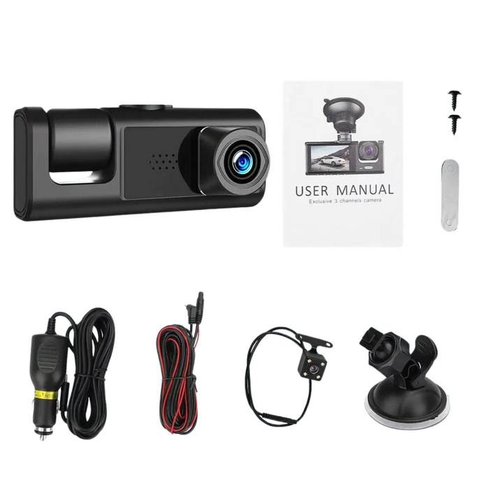 Components of a dash cam kit, including the main camera unit, power cables, a user manual, a suction mount, installation screws, and an additional smaller rear camera.