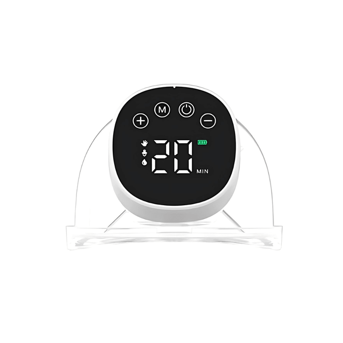 Frontal view of Lionet milk pump's digital display on a minimalistic white stand, emphasizing the device's timer and settings options.