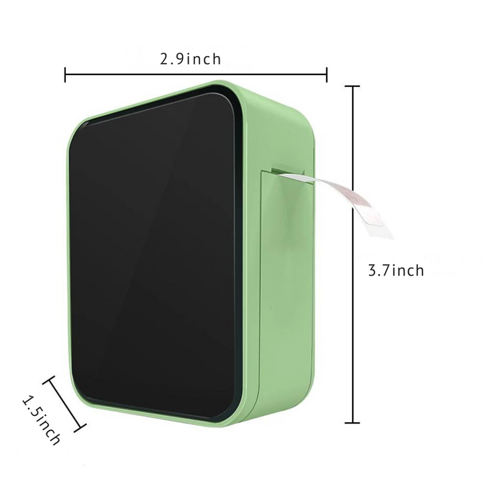 Green mini Bluetooth thermal label printer with dimensions of 2.9 inches in width, 3.7 inches in height, and 1.5 inches in depth shown.