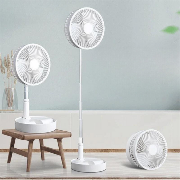 Three white fans at different heights on a minimalist background.