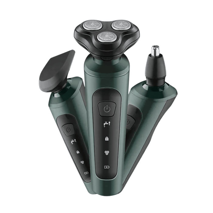 A green electric shaver with a modern, sleek design. The handle features multiple control icons, including the power button, showcasing its user-friendly interface.