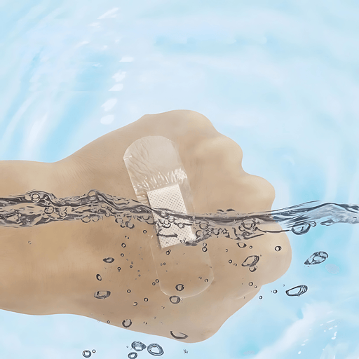 The bandage is depicted partially submerged in water, illustrating its water-resistant properties. This demonstrates the bandage's ability to protect wounds even when exposed to moisture, maintaining a barrier against water ingress.