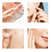 A sequence showing a woman washing her face, applying an acne patch to a pimple, and then revealing clear skin.