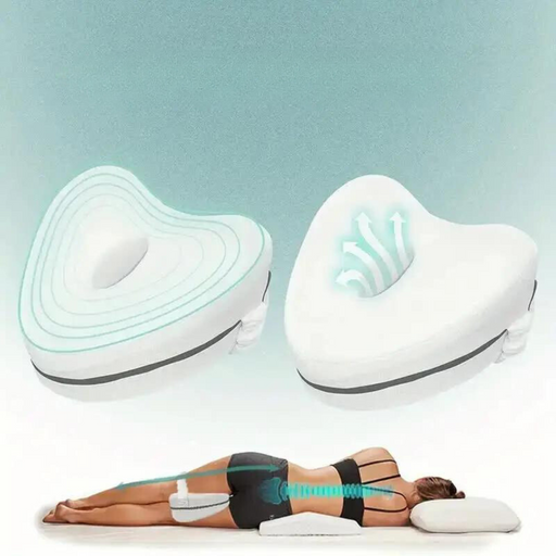 White knee pillow with airflow design and a woman using it to align her spine.