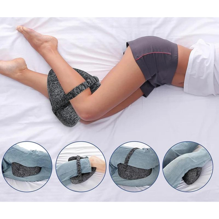 Woman using a gray knee pillow to support her legs while lying on her side, with multiple views of the pillow in use.