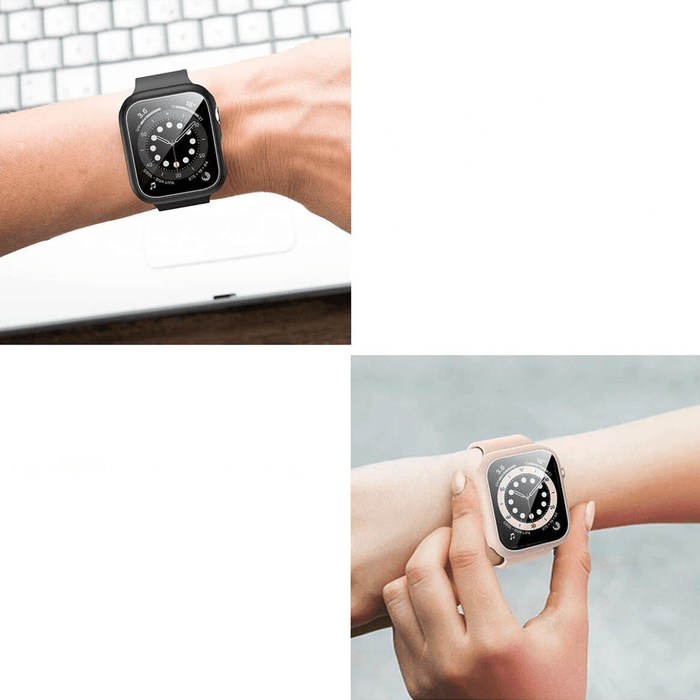 Two images of smartwatches on wrists: the top image shows a black smartwatch with a black strap on a wrist, placed over a keyboard. The bottom image shows a pink smartwatch with a pink strap on a wrist, with a hand adjusting the watch.