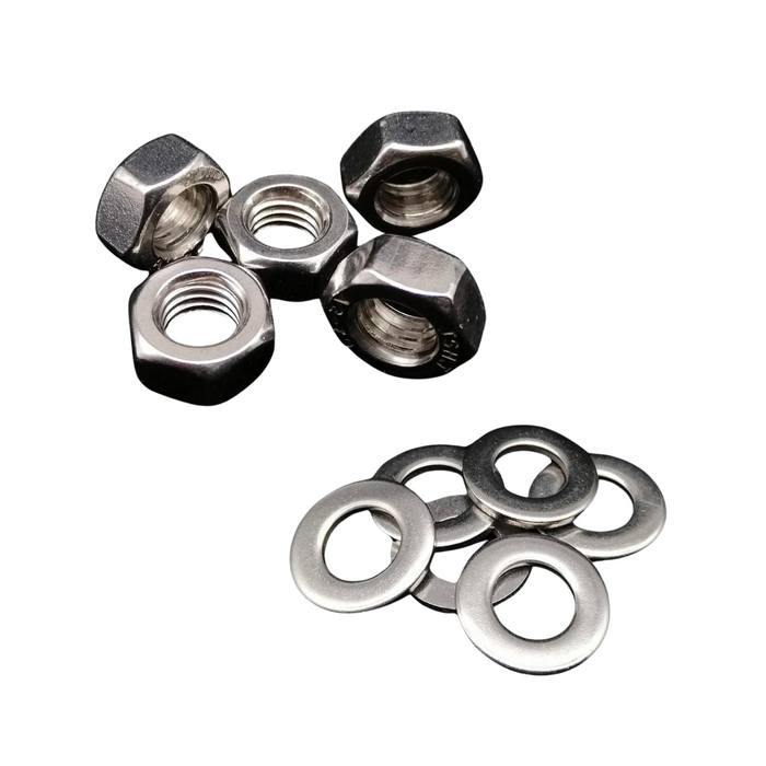 A close-up view of stainless steel nuts and washers. The nuts and washers are arranged on a white background, emphasizing their threading and overall design.